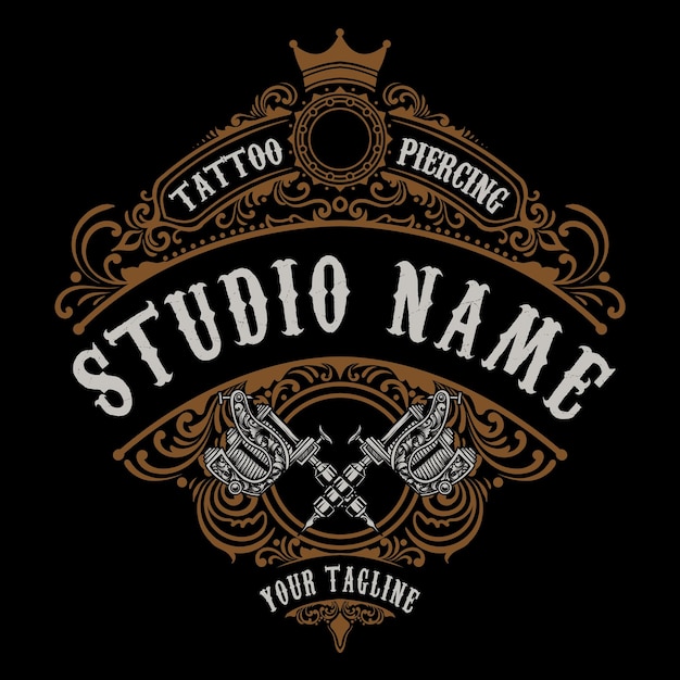 Logotipo de estudio de tatuaje vintage con 2 máquinas de tatuaje