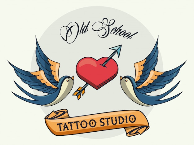 Vector logotipo del estudio de tatuajes de pájaros y corazón