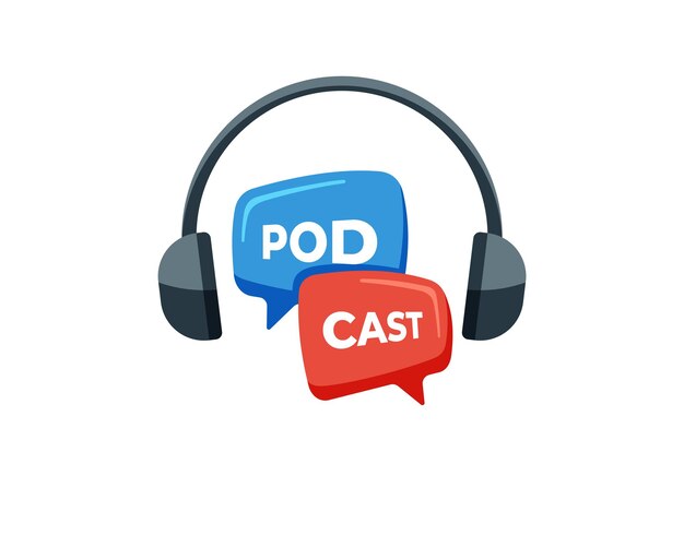 Logotipo de estudio de transmisión de radio Auriculares con burbujas de discurso de chat e inscripción de podcast en el aire