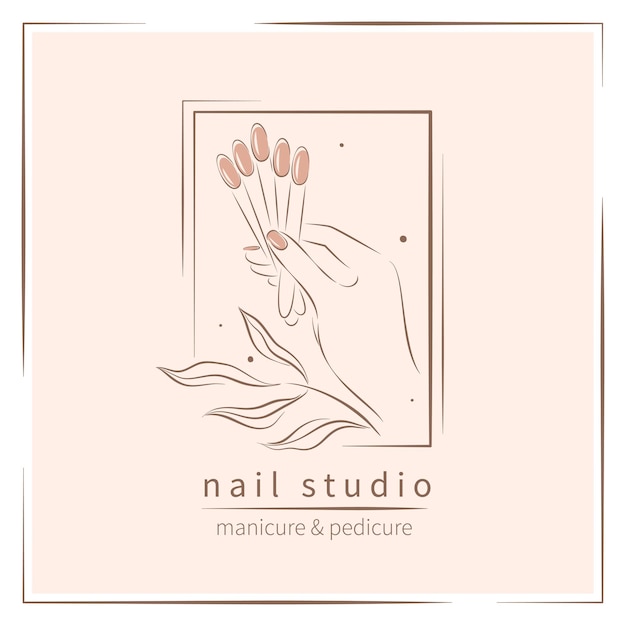 Logotipo de estudio de uñas Hermosas manos femeninas con muestras de color esmalte de uñas