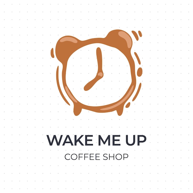 Logotipo de la etiqueta de café mancha de la taza con forma de reloj despertador despierta el concepto de cafeína ilustración vectorial