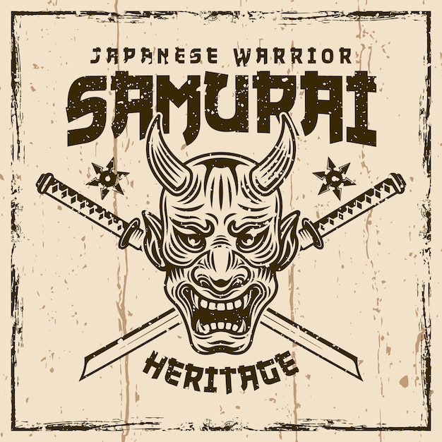Logotipo de etiqueta de insignia de emblema vintage de vector samurai sobre fondo con texturas grunge removibles