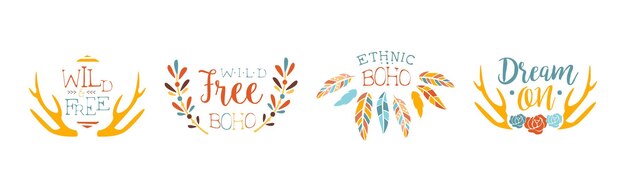 El logotipo étnico boho y el conjunto vectorial de pegatinas hipster de moda