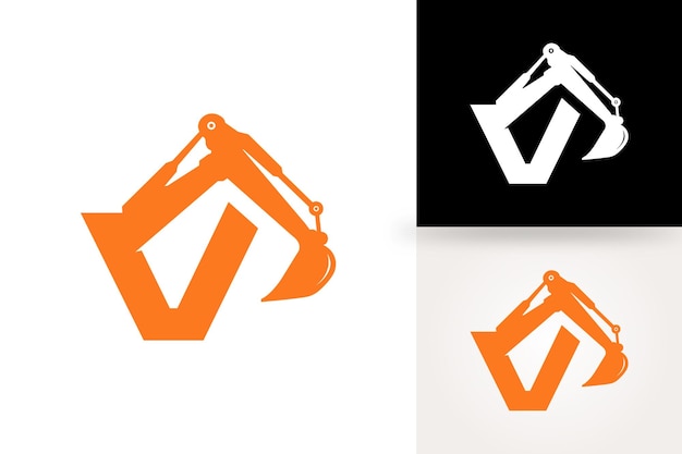 Logotipo de excavadora con letra v para la empresa de equipos pesados de construcción