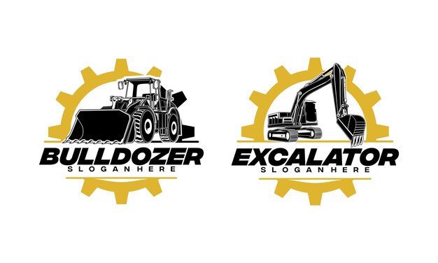 Vector el logotipo de excavator and bulldozer diseña el icono de ilustración vectorial conceptual para el desarrollo de viviendas, reparación de edificios, construcción y adquisición de equipos pesados