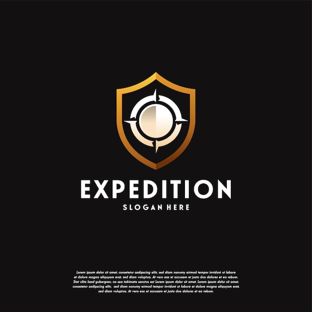 El logotipo de expedición diseña el vector conceptual, la plantilla del logotipo de brújula y escudo