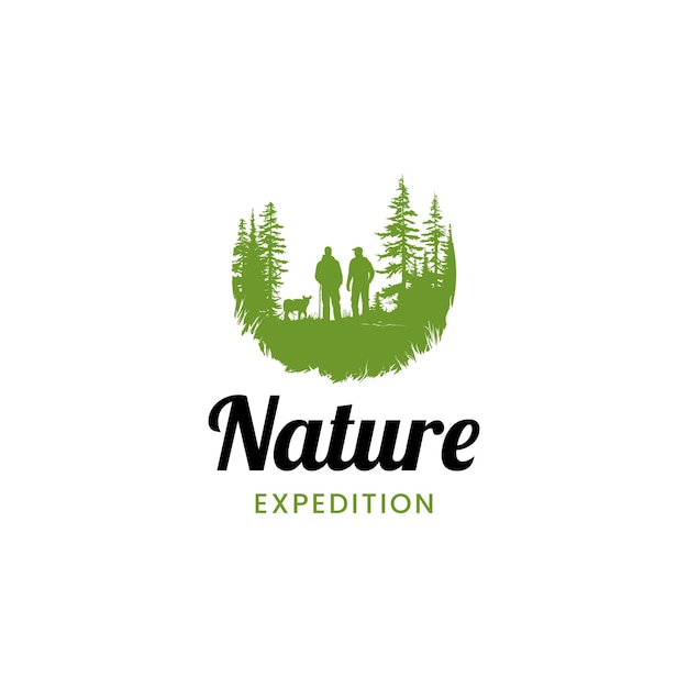 Vector logotipo de expedición natural logotipo de aventura moderna antigua con vista a la montaña río y pinos