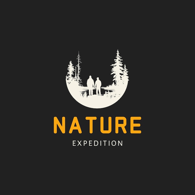 Vector logotipo de expedición natural logotipo de aventura moderna antigua con vista a la montaña río y pinos