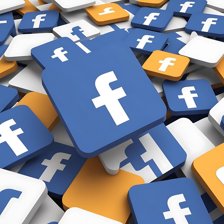 un logotipo de Facebook azul y blanco está rodeado de muchos otros coloridos, incluida la cara de Facebook