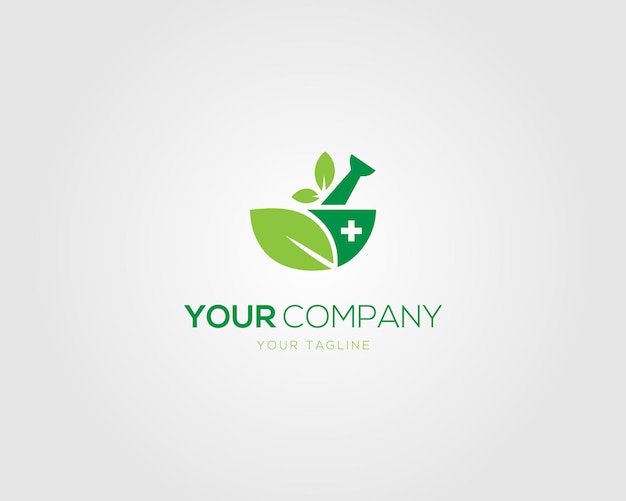 Logotipo de la farmacia con hoja verde y mortero