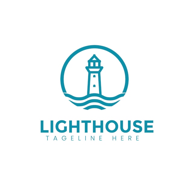El logotipo del faro El icono de la línea de la baliza de luz náutica El símbolo del edificio del puerto marítimo Ilustración vectorial