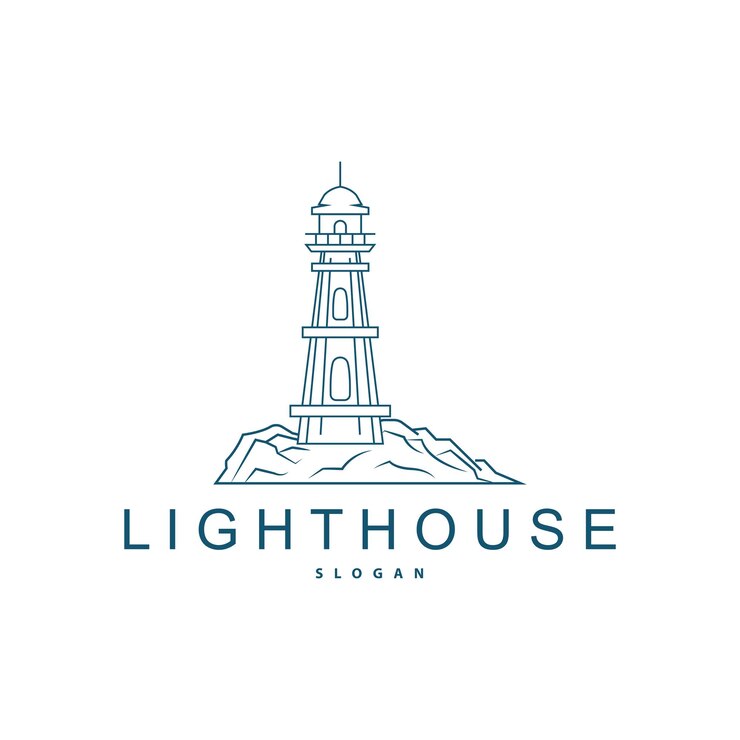 Logotipo de faro Vector de faro Moderno sencillo Playa Luz de búsqueda Símbolo de la torre Ilustración de plantilla
