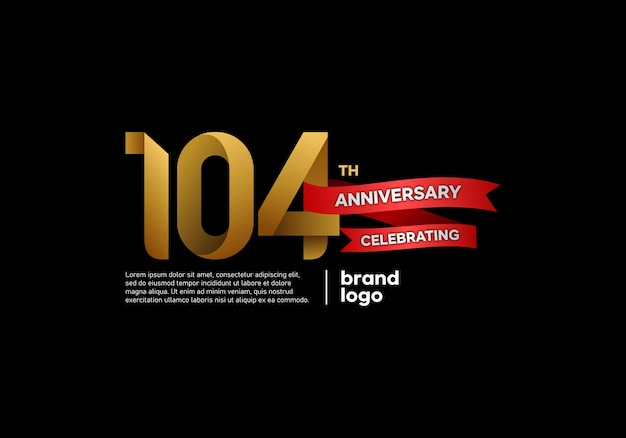 Logotipo de feliz aniversario de 104 años con color dorado y rojo sobre fondo negro