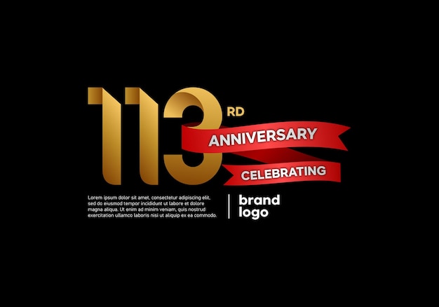 Logotipo de feliz aniversario de 113 años con color dorado y rojo sobre fondo negro