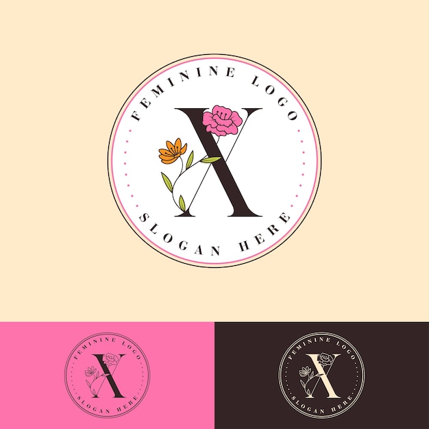 Logotipo femenino floral de letra X