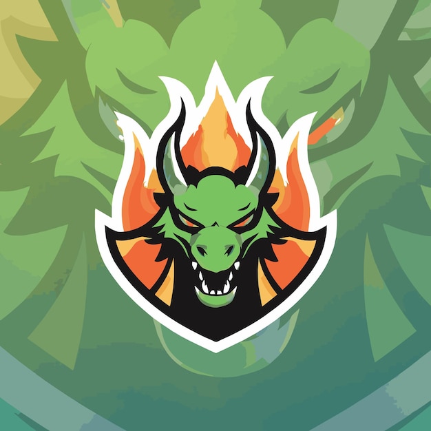 logotipo de una feroz cabeza de dragón y llamas de fuego