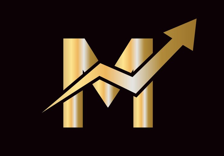 Vector logotipo financiero en la letra m con la flecha de crecimiento template de símbolo vectorial