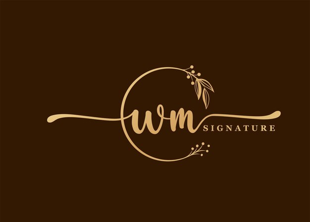 Vector logotipo firma de oro inicial wm diseño del logotipo hoja y flor aisladas