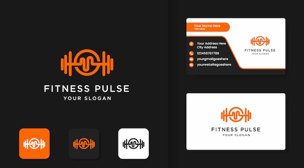 Logotipo de fitness, barra con mango de pulso musical y diseño de tarjeta de visita.