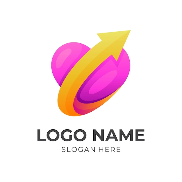 Logotipo de flecha de amor, amor y flecha, diseño de logotipo combinado con estilo de color naranja y rosa 3d