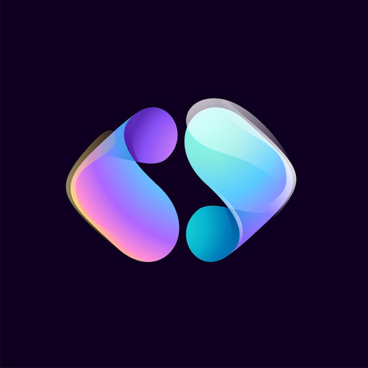 Vector logotipo de flecha derecha e izquierda emblema de yin yang tech colorido icono de degradado lila