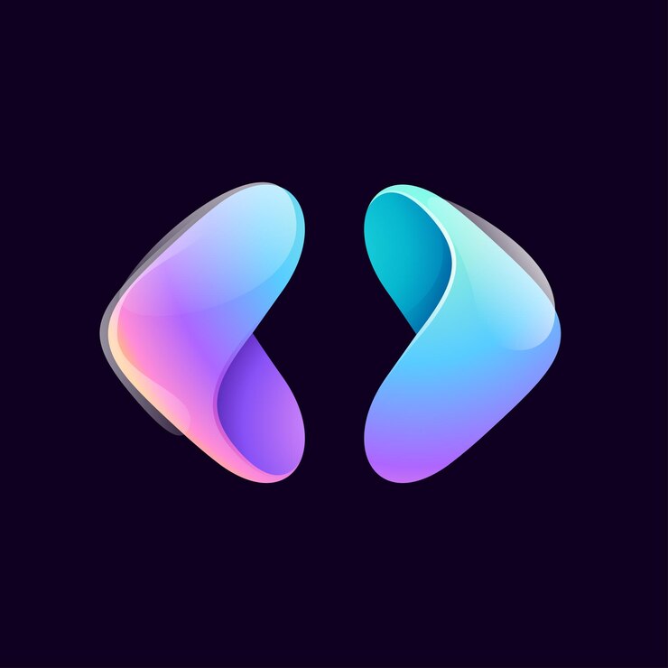Vector logotipo de flecha derecha e izquierda emblema de yin yang tech colorido icono de degradado lila
