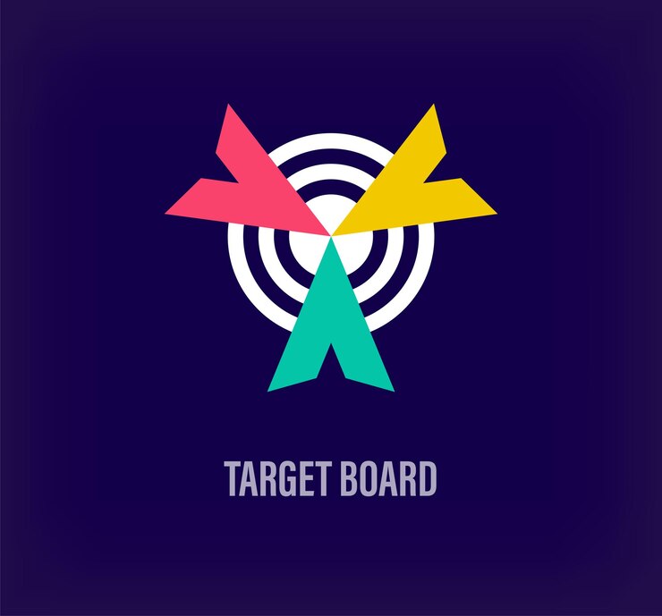 Vector logotipo de flecha del tablero de objetivo creativo transiciones de colores únicas objetivo corporativo y personal único