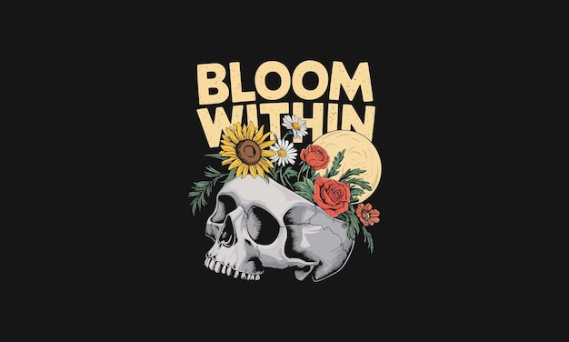 Logotipo de la flor dentro con cráneo y flores que crecen dentro