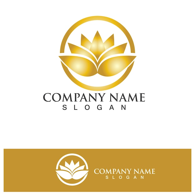Logotipo de flor de loto dorado Plantilla de diseño vectorial de icono de loto sobre fondo oscuro con efecto dorado para empresas médicas de eco belleza spa yoga