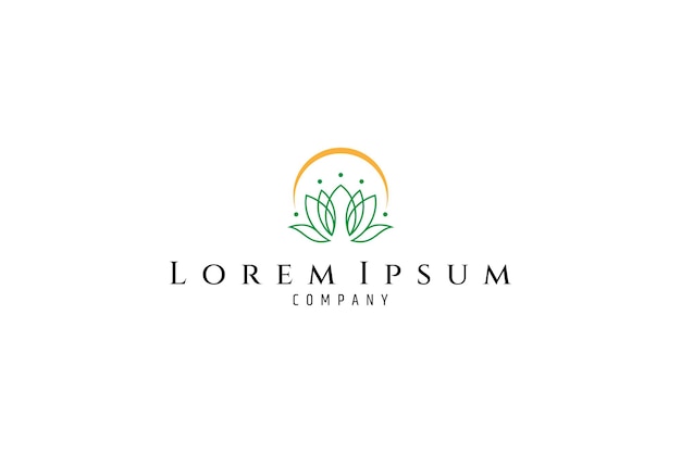 Logotipo de flor de loto con luz solar en estilo de diseño lineal
