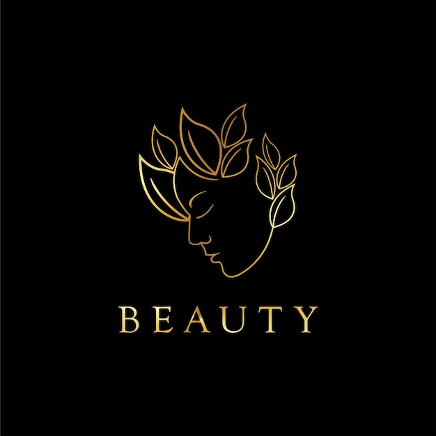 Logotipo de flor natural para la cara de la mujer con diseño de gradiente dorado para el salón de belleza Premium Vecto