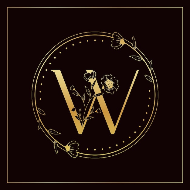 Logotipo floral elegante con letra W de lujo dorado