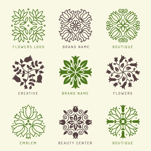 Logotipo floral. elementos estilizados botánicos decoración símbolos hojas y flores ramas formas bienestar spa cosmética vector logotipo