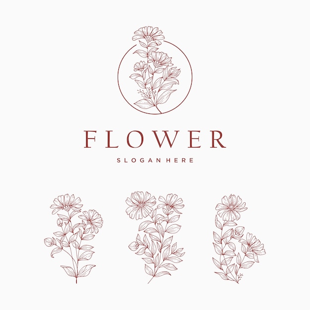 Logotipo de flores botánicas. Conjunto de elementos florales dibujados a mano