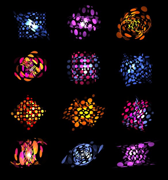 Logotipo de forma inusual colorido abstracto aislado de burbujas conjunto colección de logotipo punteado en la ilustración de vector de fondo negro