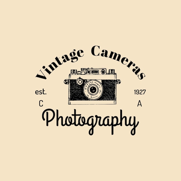 Logotipo de fotografía Vector vintage cámara antigua etiqueta insignia emblema Ilustración esbozada a mano para tienda de estudio, etc.