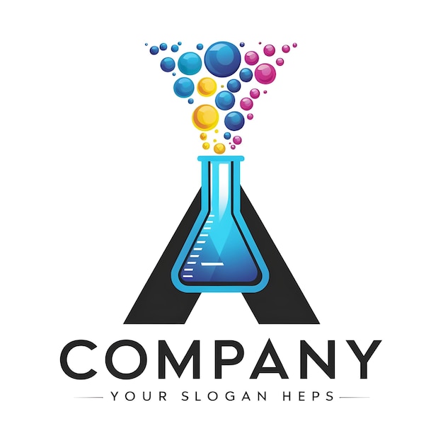 logotipo con un frasco Erlenmeyer azul con burbujas de colores que surgen de él en varios tamaños