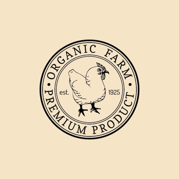 Logotipo fresco de la granja retro del vector. Logotipo de productos orgánicos de primera calidad. Signo de comida ecológica. Dibujado a mano vintage icono de gallina.