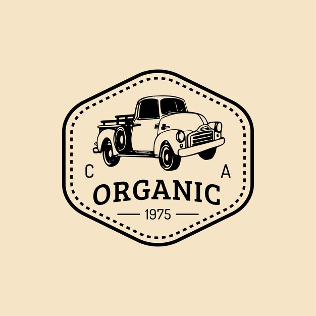 Logotipo fresco de granja retro vectorial Insignia de productos de calidad orgánica Signo de comida ecológica Icono de camioneta esbozado a mano vintage