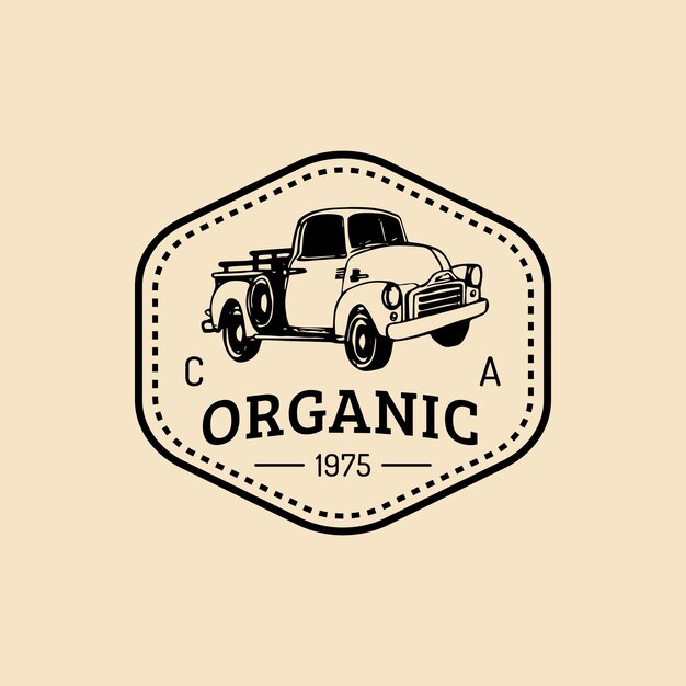 Logotipo fresco de granja retro vectorial insignia de productos de calidad orgánica signo de comida ecológica icono de camioneta esbozado a mano vintage