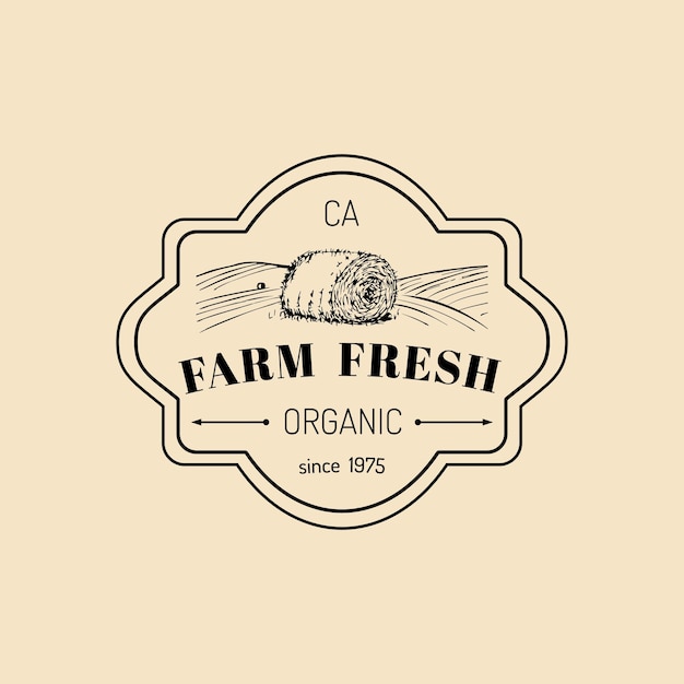 Logotipo fresco de granja retro vectorial Logotipo de productos orgánicos de primera calidad Icono de pajar esbozado a mano vintage