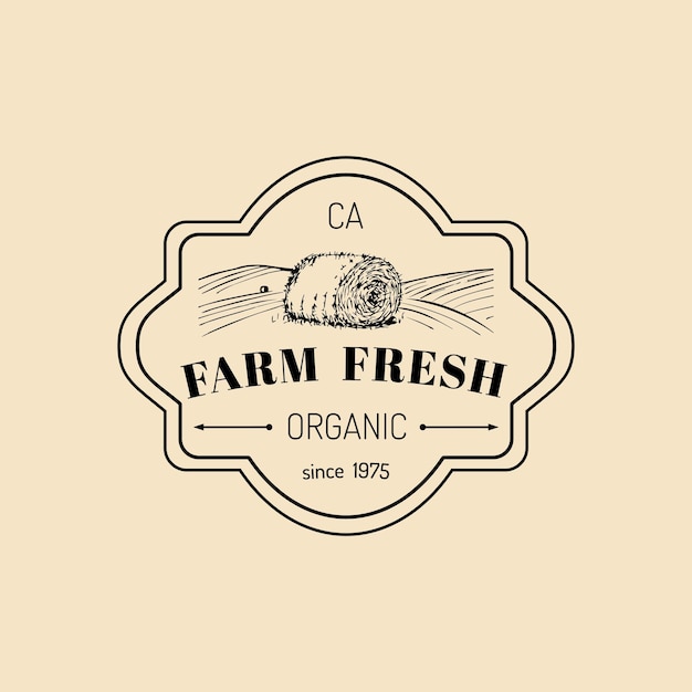 Logotipo fresco de granja retro vectorial logotipo de productos orgánicos de primera calidad icono de pajar esbozado a mano vintage