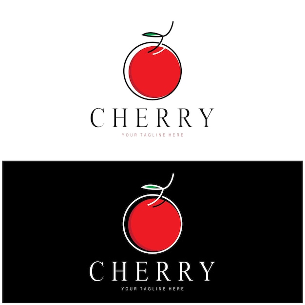 Logotipo de fruta de cereza fresca con estilo de arte de línea de hoja minimalista para el negocio de pasteles de granja de cerezas de frutería