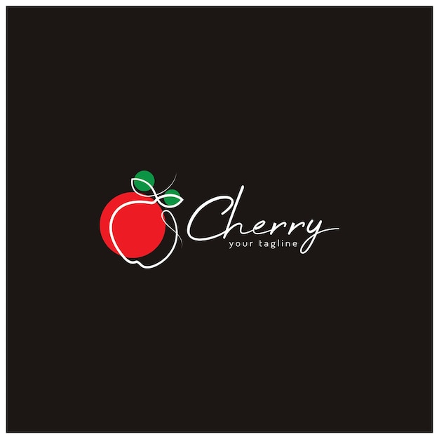 Logotipo de fruta de cereza fresca con estilo de arte de línea de hoja minimalista para el negocio de pasteles de granja de cerezas de frutería