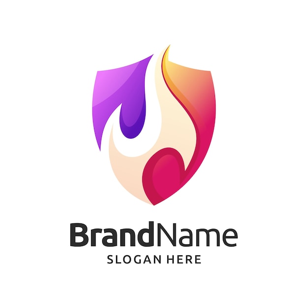 Logotipo de fuego o plantilla de icono con ilustración de diseño de escudo y estilo de color degradado