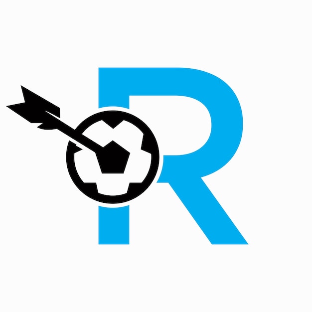 Logotipo de fútbol con la letra R y el símbolo de la flecha del objetivo Signo de fútbol
