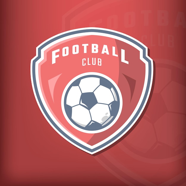 Logotipo de fútbol profesional moderno para equipo deportivo con escudo y fondo rojo oscuro