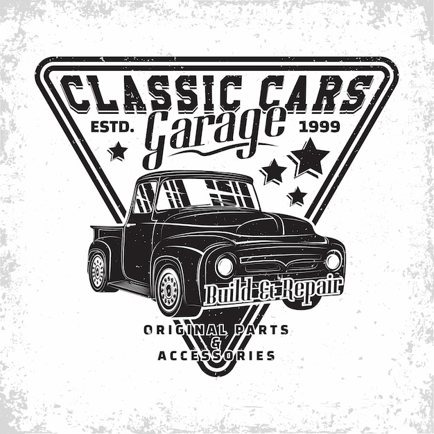 Logotipo del garaje de hot rod, emblema de la organización de reparación y servicio de muscle car, sellos de impresión de garaje de coche retro, emblema de tipografía de hot rod,