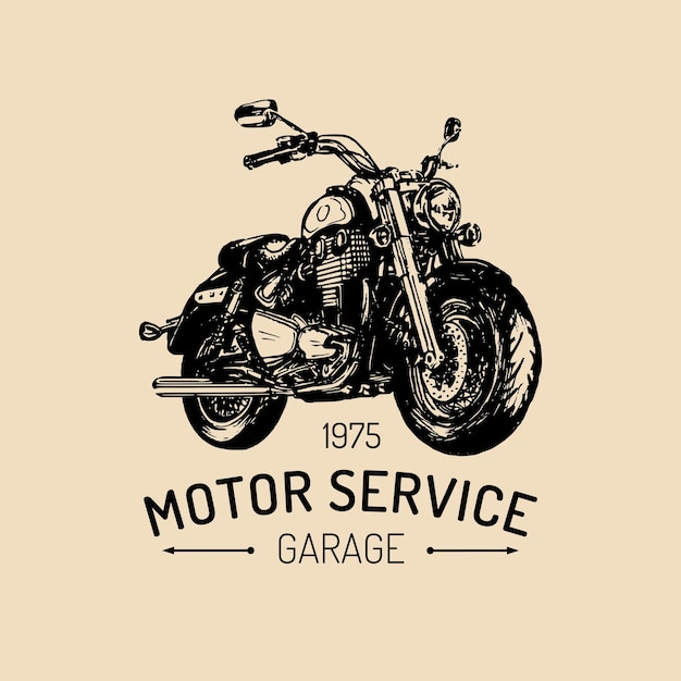 Logotipo de garaje de motociclistas motocicleta dibujada a mano vectorial ilustración de bicicleta detallada vintage para tienda personalizada de companychopper, etc.