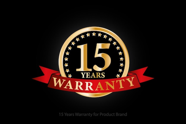 Logotipo de garantía dorada de 15 años con anillo y cinta roja aislada en fondo negro